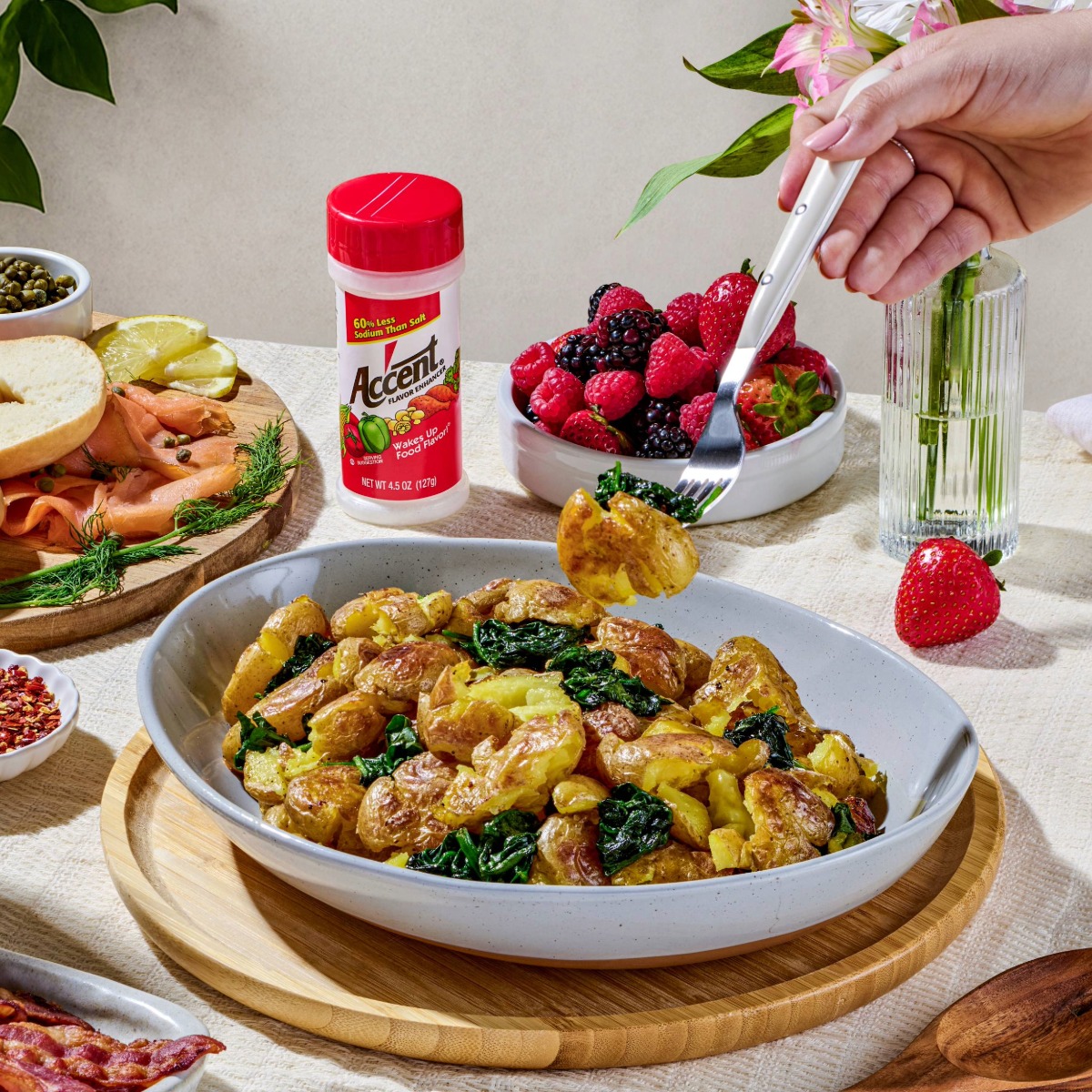 Image of Smashed Baby Potatoes with Sautéed Spinach Recipe